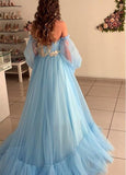 Tulle Off-the-shoulder Blue A-line Prom Dresses With Lace Appliques