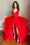Tulle Ruffles Backless Red High Low V Neck Prom Dress