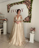 V-neck Sexy Backless Champagne Straps Shawl A-line Wedding Dress