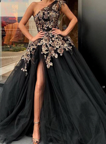 One Shoulder Embroidery Black Ball Gown Tulle Prom Dress