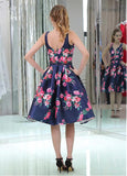 Gorgeous Floral Cloth V-neck Neckline Knee-length A-line Homecoming Dresses With Beadings
