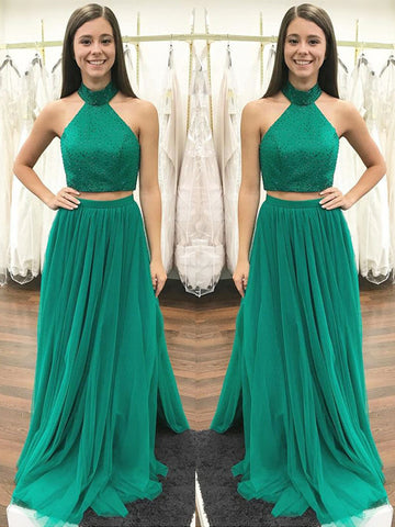 Green Halter Beading Tulle Two Piece Prom Dresses