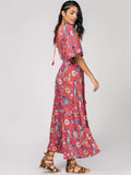 Patterned Plunging Neck Tied Drawstring Maxi Dress
