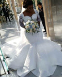 Long Sleeve Lace Appliques Mermaid Cheap Chapel Train Lace Wedding Dress