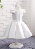 Modest Lace & Satin High Collar Neckline Ball Gown Flower Girl Dresses With Bowknot