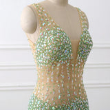 Champagne Beading Sparkle V Neck Mermaid Prom Dress