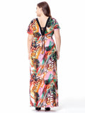 Plus Size Colorful Printed V-Neck High Waist Maxi Dress