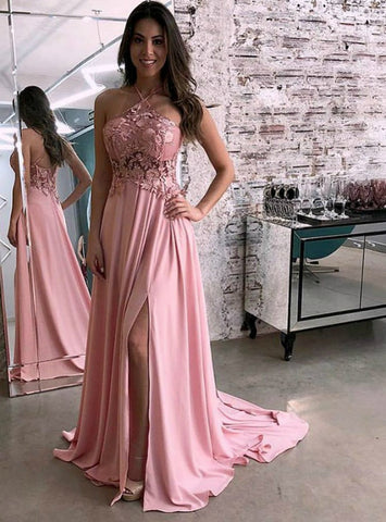 A-Line Pink Chiffon Halter Appliques Prom Dress With Side Split