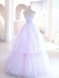 Lilac Purple Strapless Tulle Sheer A Line Prom Dress