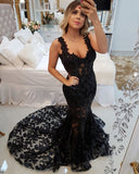 Straps Mermaid Sweep Train Black Prom Formal Dress