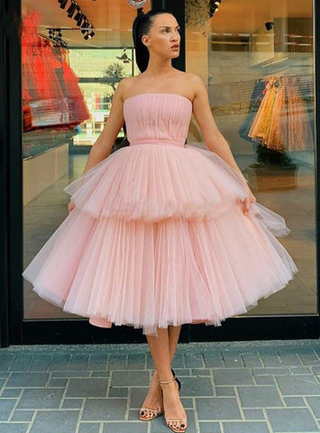 Short Pink Tulle Strapless Tiered Ball Gown Prom Dress