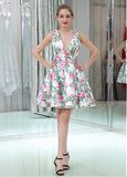Floral Cloth V-neck Neckline Short Length A-line Homecoming Dresses 