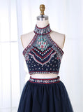 Two Piece Navy Blue Embroidery Homecoming Dress
