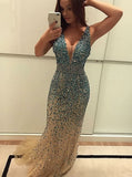 Mermaid V-neck Beading Blue Backless Prom Evening Dress