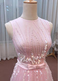 Tulle Jewel Pink Floor-length A-line Prom Dress With Bowknot