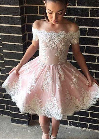 Beading Tulle Off-the-shoulder Short Sleeves A-line Homecoming Dress