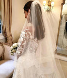 Tulle Long Sleeve Appliques A-Line White Wedding Dress