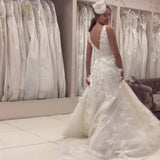 A-Line V-Neck Sweep Train Ivory Lace Wedding Dress with Appliques