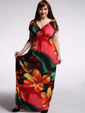 Red Plus Size Floral Printed V Neck Maxi Dress