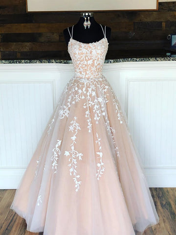 Champagne Long Lace Appliques Tulle Lace Up Back Prom Dress