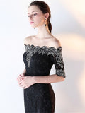 Black Mermaid Off-the-Shoulder Appliques Lace Half Sleeves Court Train Evening Dress