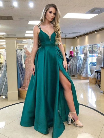 Long V Neck Satin Green Prom Dress with High Slit
