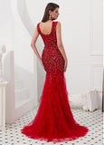 Tulle Jewel Red Beading Mermaid Evening Dress
