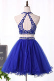Halter Homecoming Dresses Two Pieces Beaded Bodice Short Prom Dresses
