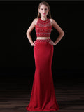 Red Scoop Beading Neck Two Piece Prom Dress