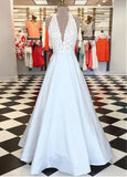 Satin Halter Lace Appliques Floor-length A-line Prom Dress