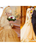  Long Sleeve Lace Ball Gown Court Train Muslim Wedding Dress
