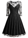 Women's Vintage Floral Lace Net 3/4 Sleeve Sexy Swing Dress