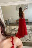 Red Lace Sexy Backless Formal Prom Dress With Slit