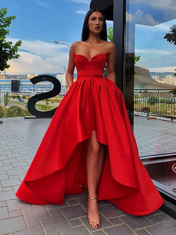 Sexy Strapless Sweetheart Neck High Low Red Long Prom Dress