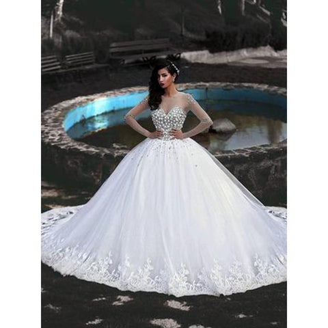 Ball Gown Tulle Beading Scoop Long Sleeves Long Wedding Dress
