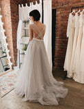 Floor Length A-Line Gray Appliques Backless Tulle Wedding Dress