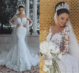 Long Sleeve White Mermaid Tulle Lace Appliques Wedding Dress