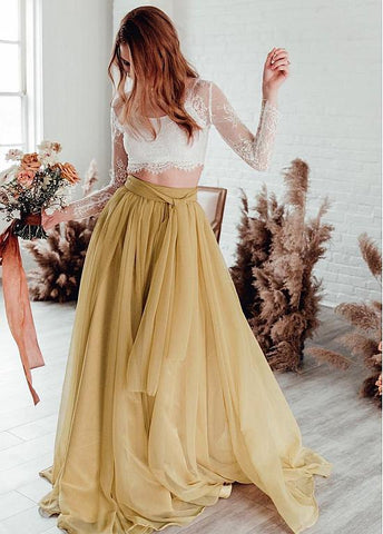 Gold Organza Lace Jewel Two Piece Long Sleeves A-line Prom Dress