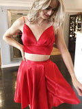 A Line V Neck Red Short Two Pieces Backless Homecoming Dress