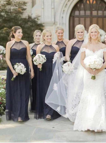 Dark Blue Tulle A-Line Halter Sleeveless Bridesmaid Dress