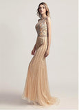Gold Tulle Scoop See Through  Full-length Mermaid Evening Dress