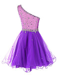  Short One Shoulder Prom Dresses Tulle Homecoming Dress with Beads