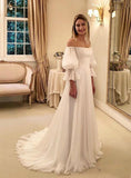  White Chiffon Puff Sleeve Off the Shoulder A-Line Wedding Dress