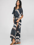 Belted Tribal Print Slit Maxi Dress 