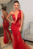 Applique Backless One Shoulder Lace Red Sexy Mermaid Tulle Prom Dresses
