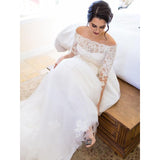 A-Line Tulle Lace Off-the-Shoulder Long Sleeves Sweep/Brush Train Wedding Dress