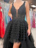 Black High Low Tulle Ruffles A Line Prom Dress