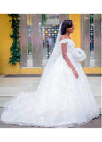 Beading Tulle Off-the-shoulder 3D Flowers Ball Gown Wedding Dress