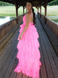 Hot Pink Ruffles Tulle A Line Prom Dress