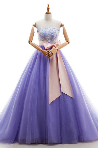 Appliques Long Purple Tulle Lace Prom Dress With Belt